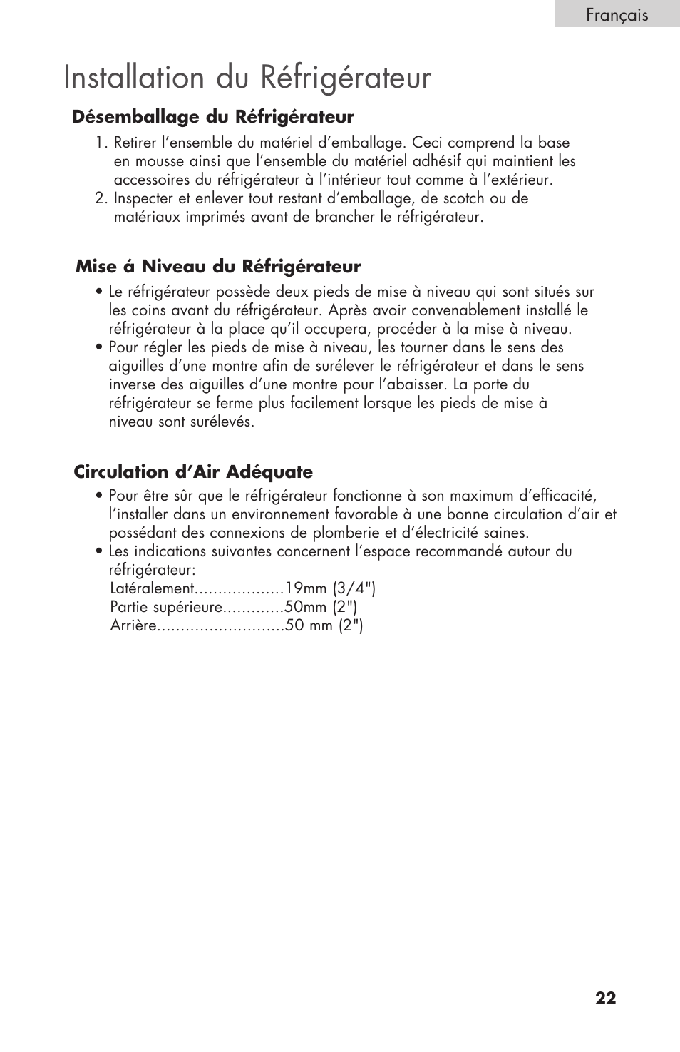 Installation du réfrigérateur | haier COMPACT HNSEW025 User Manual | Page 23 / 52