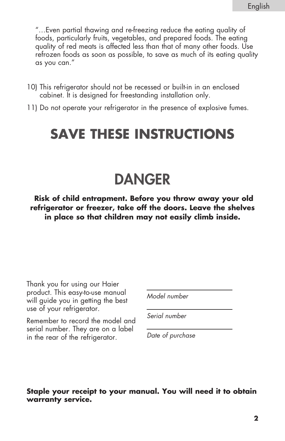 Danger, Save these instructions | haier COMPACT HNSEW025 User Manual | Page 3 / 52
