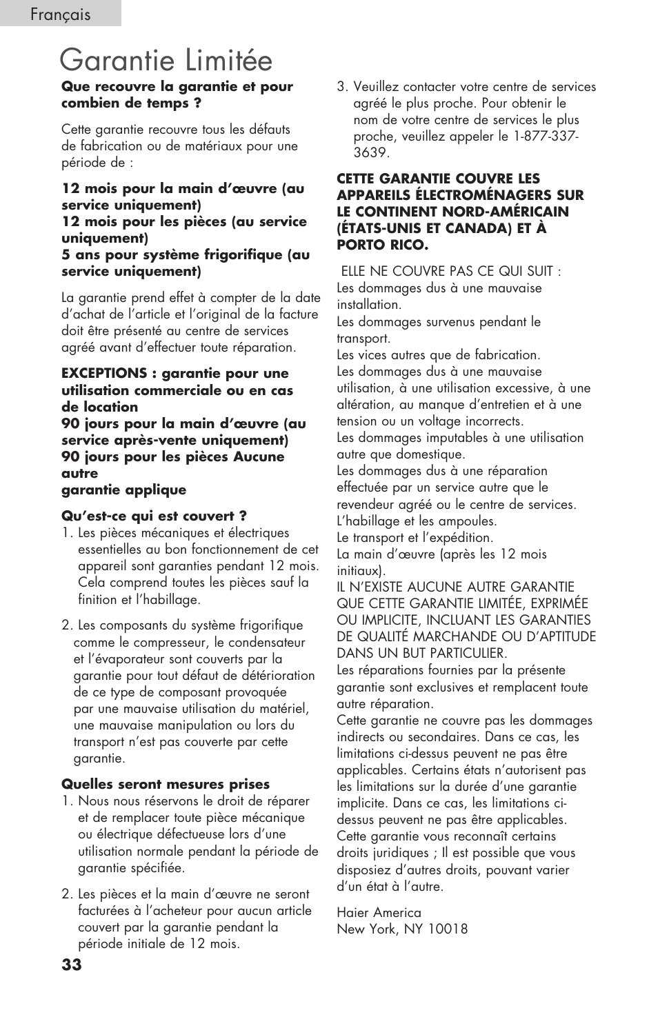Garantie limitée, Français | haier COMPACT HNSEW025 User Manual | Page 34 / 52
