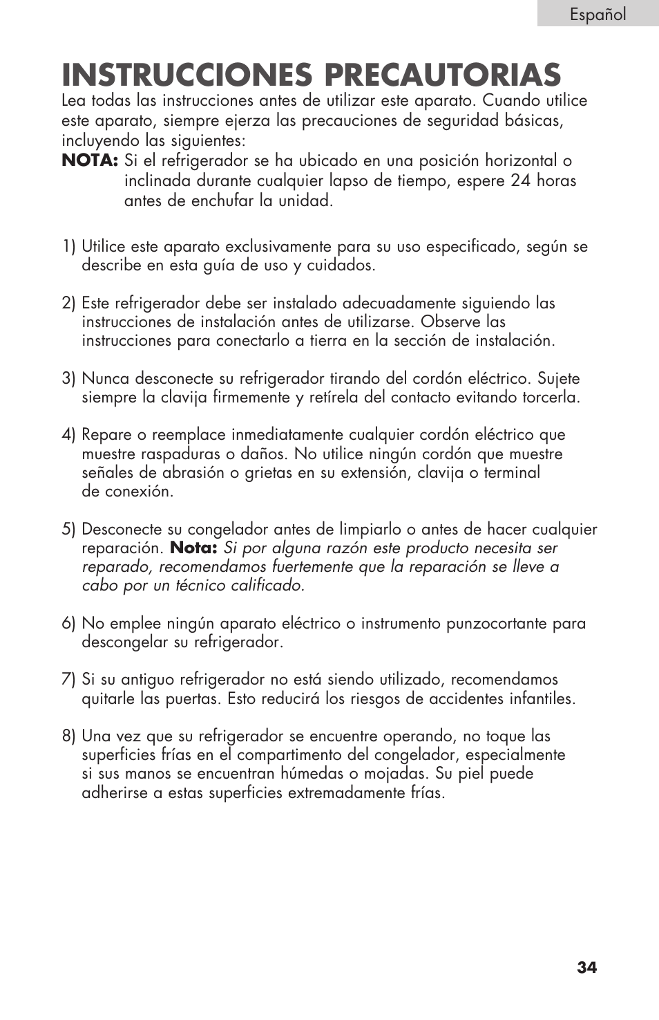 Instrucciones precautorias | haier COMPACT HNSEW025 User Manual | Page 35 / 52