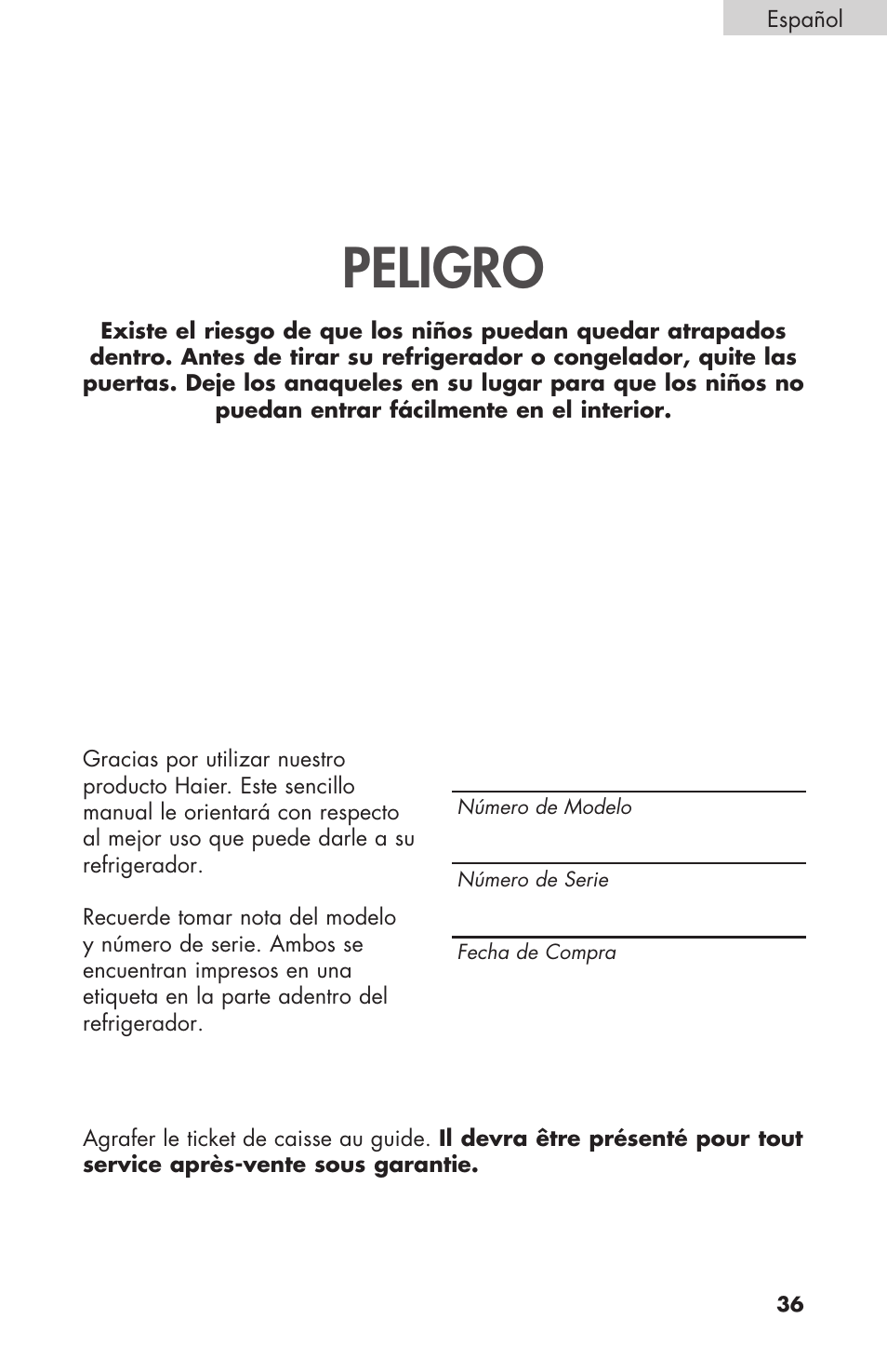 Peligro | haier COMPACT HNSEW025 User Manual | Page 37 / 52