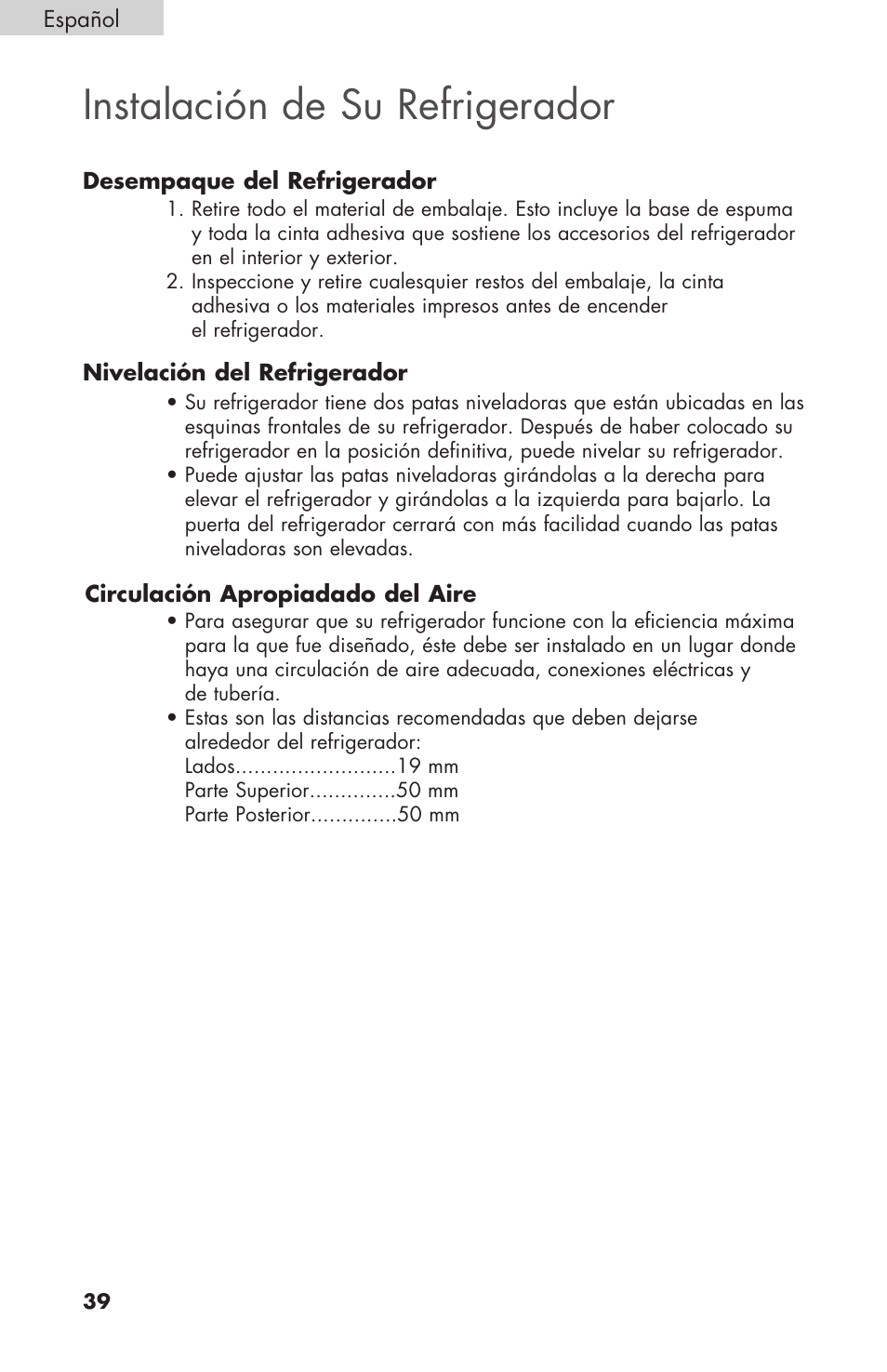 Instalación de su refrigerador | haier COMPACT HNSEW025 User Manual | Page 40 / 52