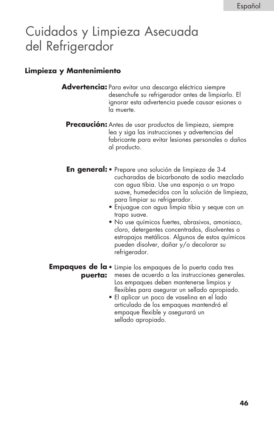 Cuidados y limpieza asecuada del refrigerador | haier COMPACT HNSEW025 User Manual | Page 47 / 52