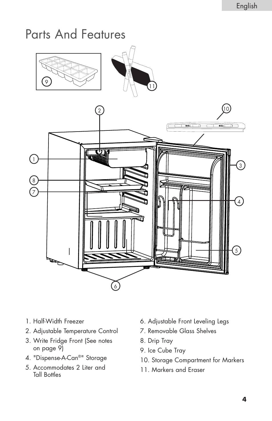 Parts and features, English | haier COMPACT HNSEW025 User Manual | Page 5 / 52