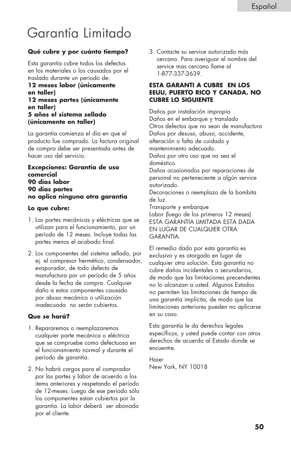 Garantía limitado, Español | haier COMPACT HNSEW025 User Manual | Page 51 / 52