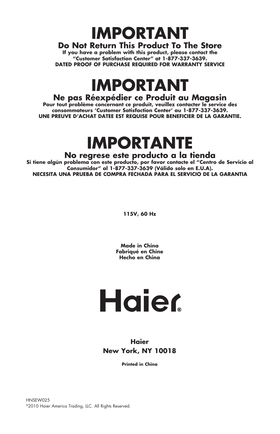 Important, Importante, Do not return this product to the store | Ne pas réexpédier ce produit au magasin, No regrese este producto a la tienda | haier COMPACT HNSEW025 User Manual | Page 52 / 52