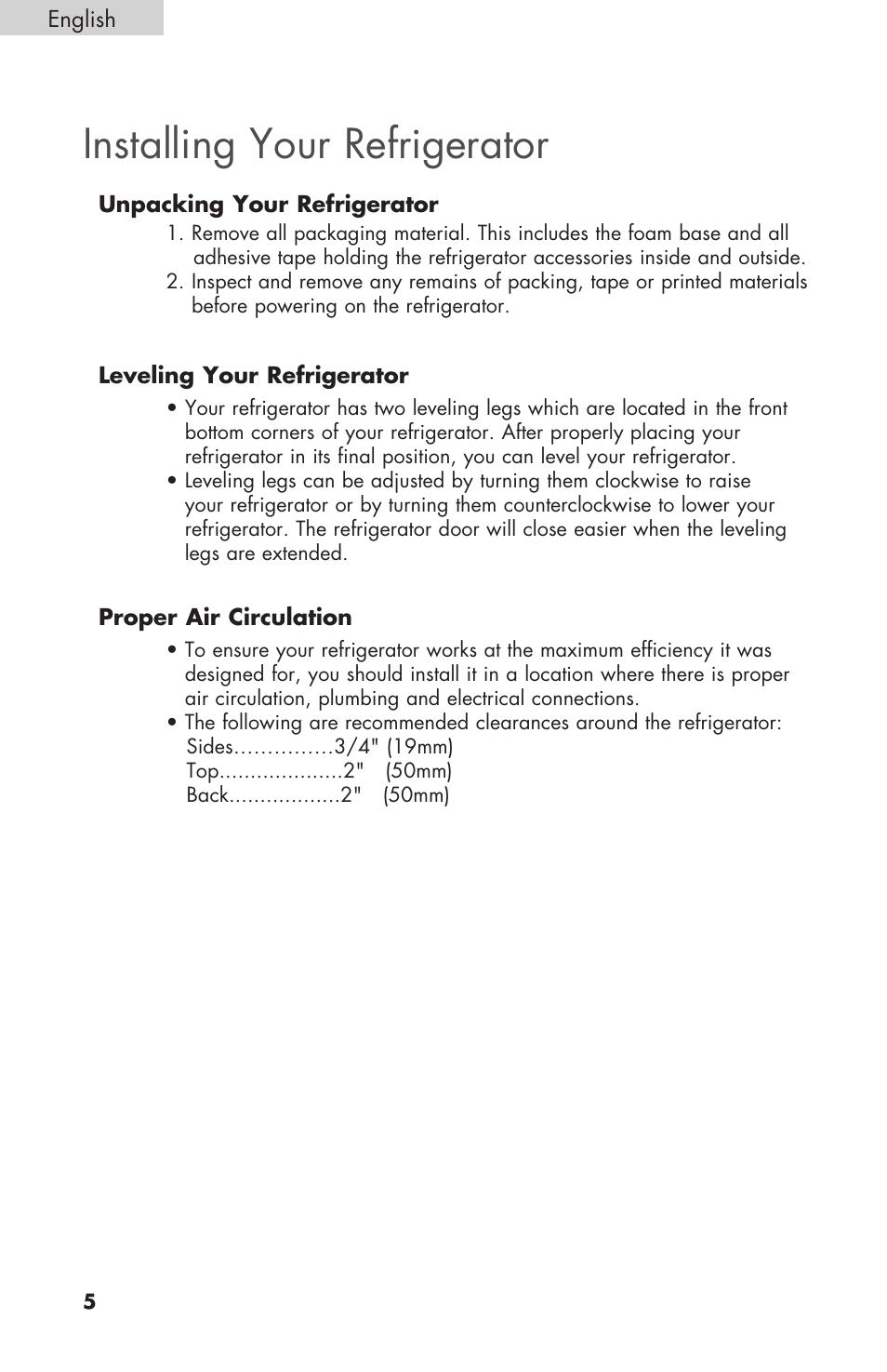 Installing your refrigerator | haier COMPACT HNSEW025 User Manual | Page 6 / 52