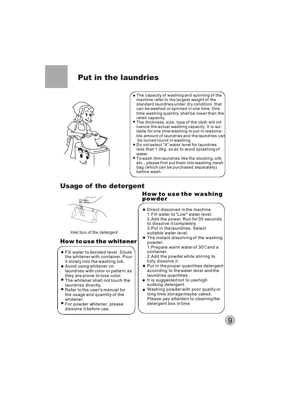 Put in the laundries, Usage of the detergent | haier HWM70-10 User Manual | Page 11 / 20