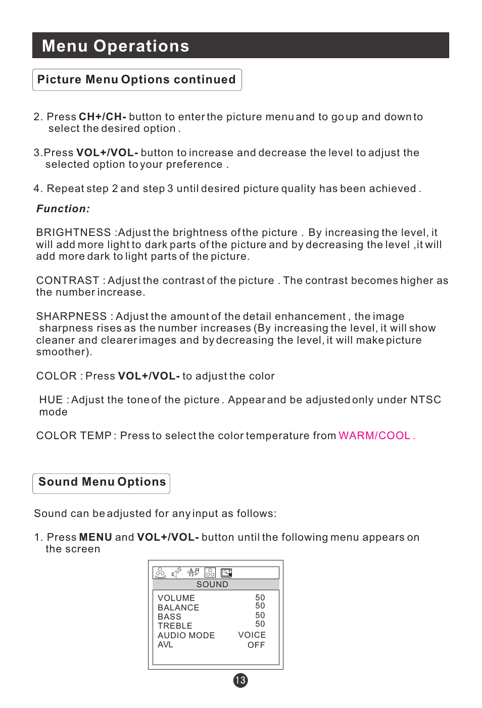 Menu operations | haier 15HL25S User Manual | Page 17 / 29