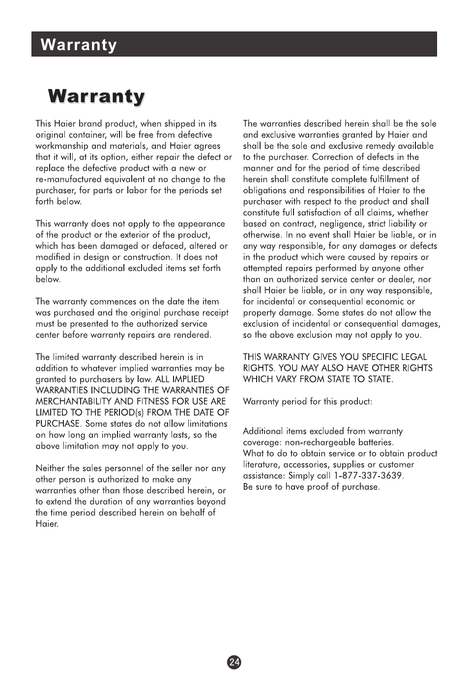 Warranty | haier 15HL25S User Manual | Page 28 / 29