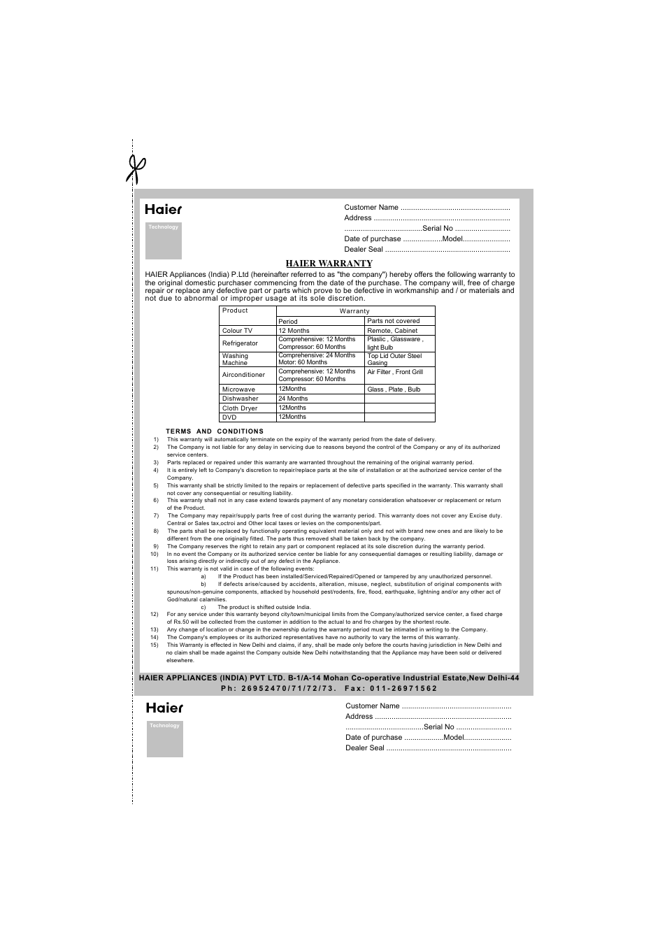 Haier warranty | haier HR-7857A User Manual | Page 21 / 22