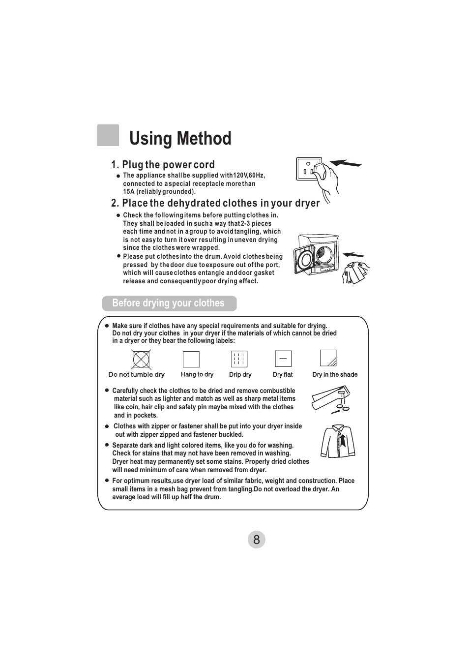 Using method, Plug the power cord, Place the dehydrated clothes in your dryer | Before drying your clothes | haier hlp140e User Manual | Page 9 / 16