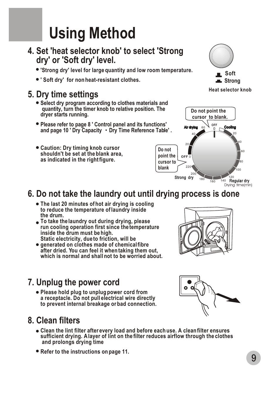 Т³гж 11, Using method, Unplug the power cord | Clean filters, Dry time settings | haier GDZ3.5-1 User Manual | Page 11 / 15