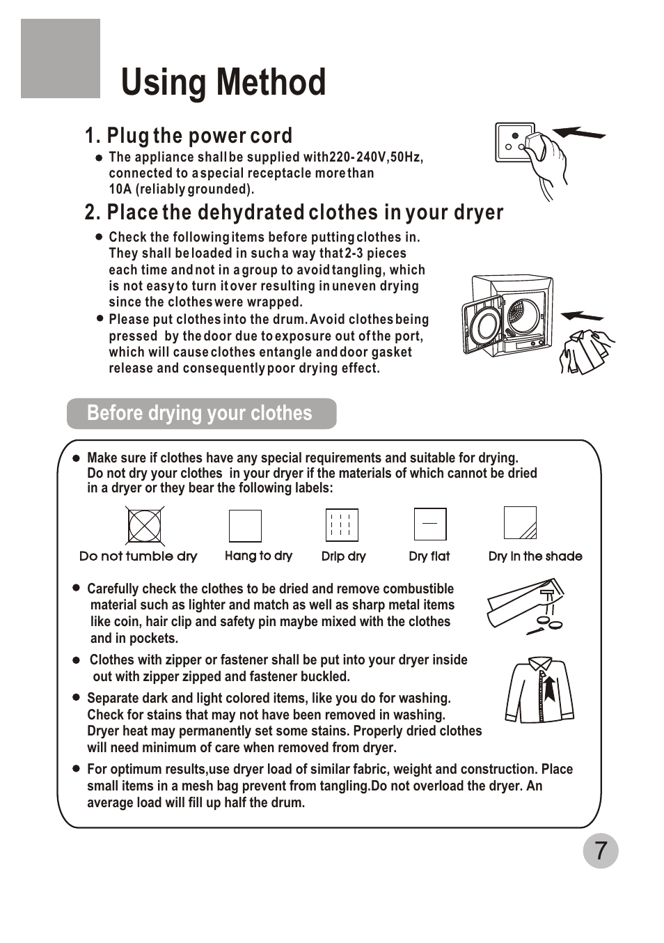Т³гж 9, Using method, Plug the power cord | Place the dehydrated clothes in your dryer, Before drying your clothes | haier GDZ3.5-1 User Manual | Page 9 / 15