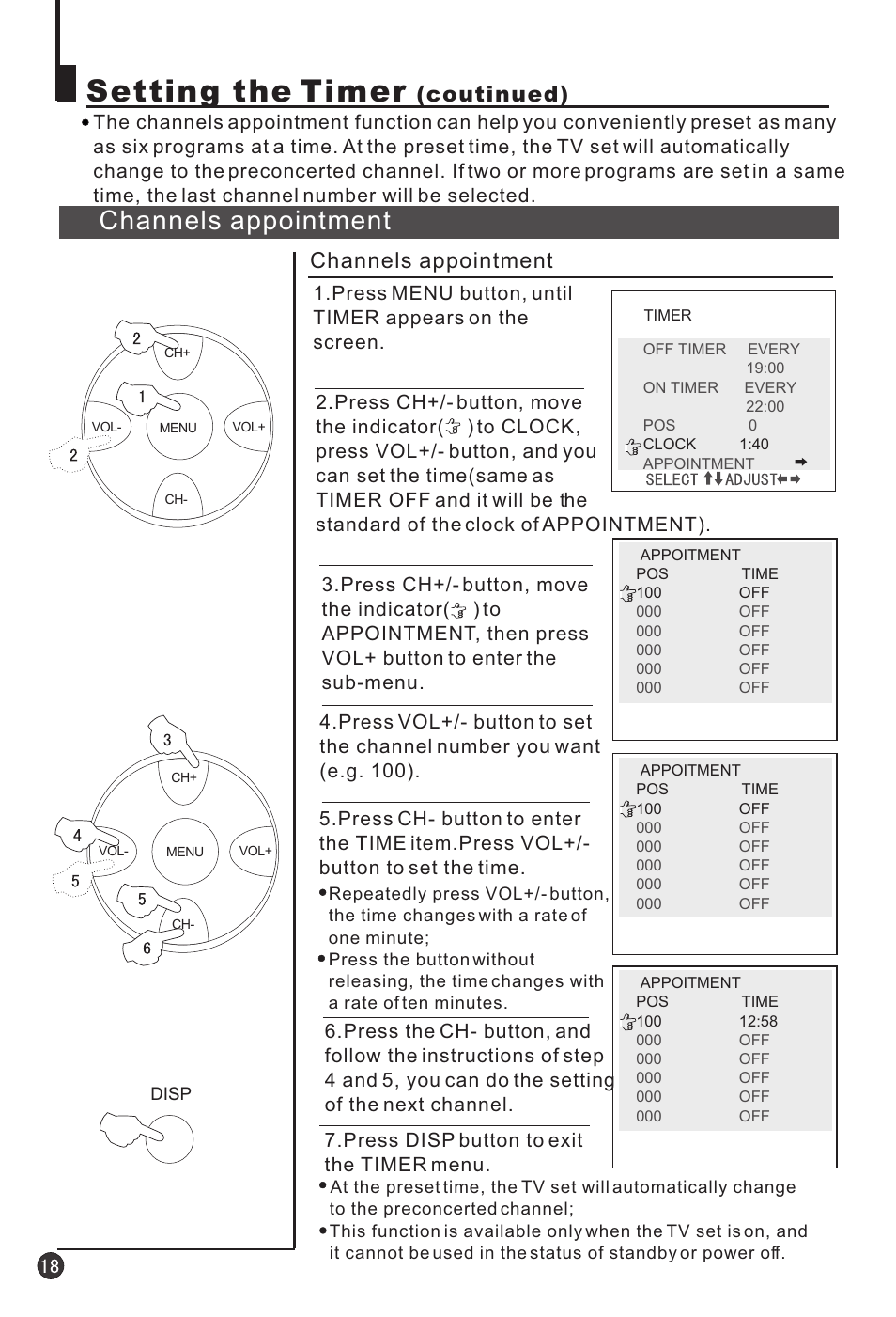 Setting the timer, Channels appointment, Coutinued) | haier 25F3A User Manual | Page 20 / 32