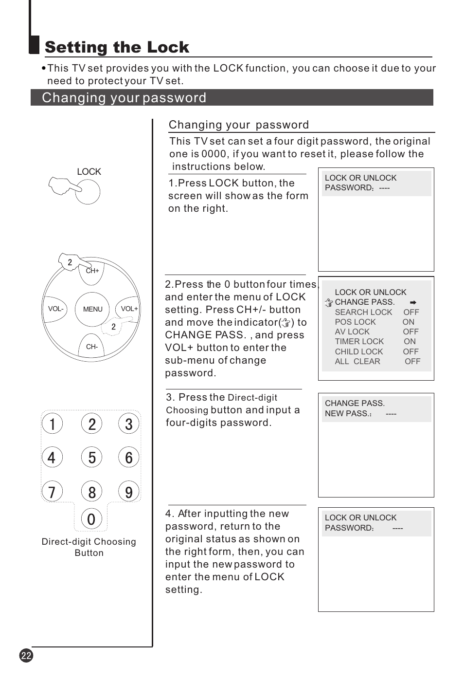 Setting the lock, Changing your password | haier 25F3A User Manual | Page 24 / 32