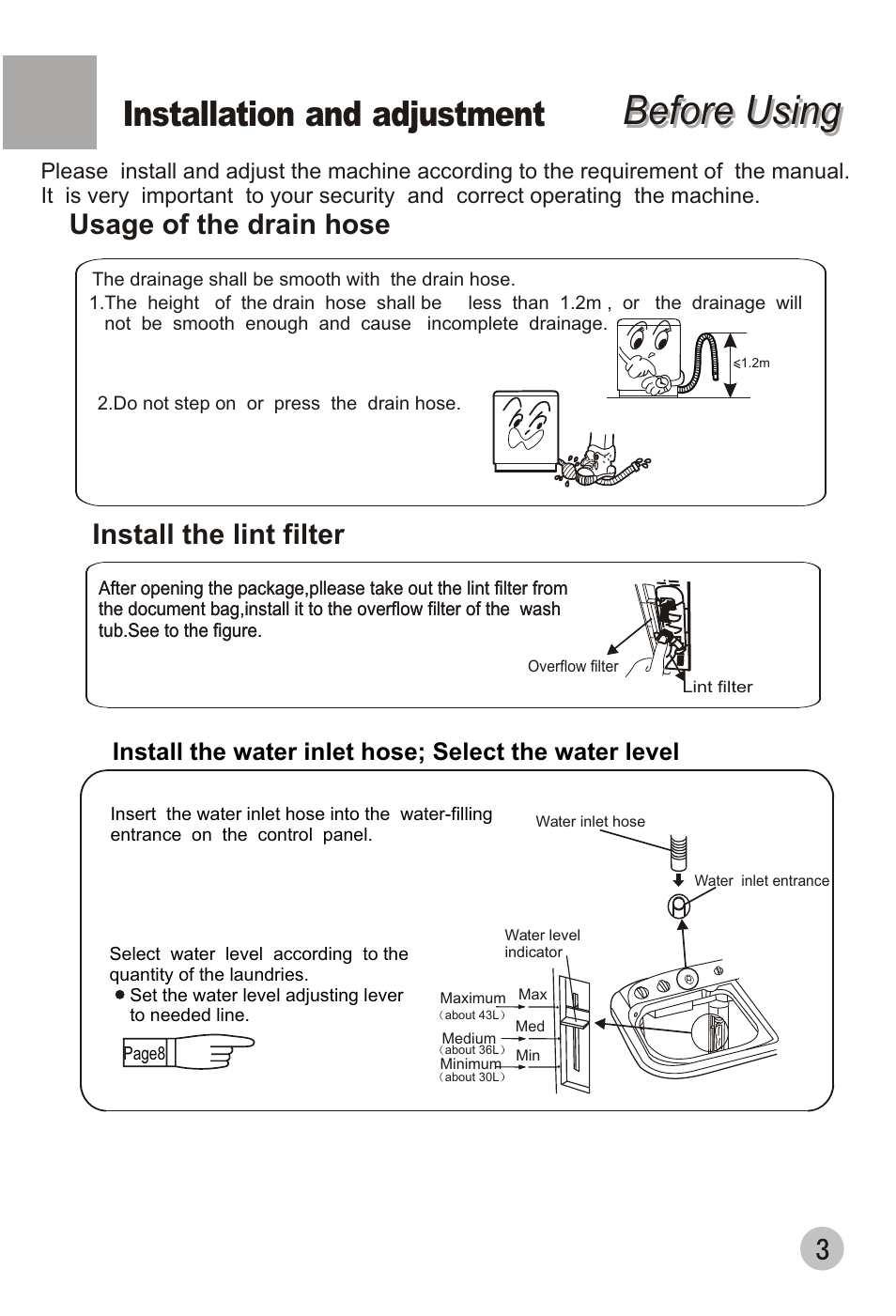 Before using, Installation and adjustment, Usage of the drain hose | Install the lint filter | haier XPB88-LS User Manual | Page 5 / 40