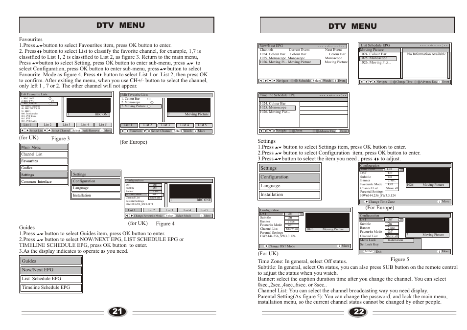 页面 12, 21 dtv menu, 22 dtv menu | For europe), For europe) (for uk) figure 4, For uk), Figure 5 | haier L26TA6A User Manual | Page 12 / 17