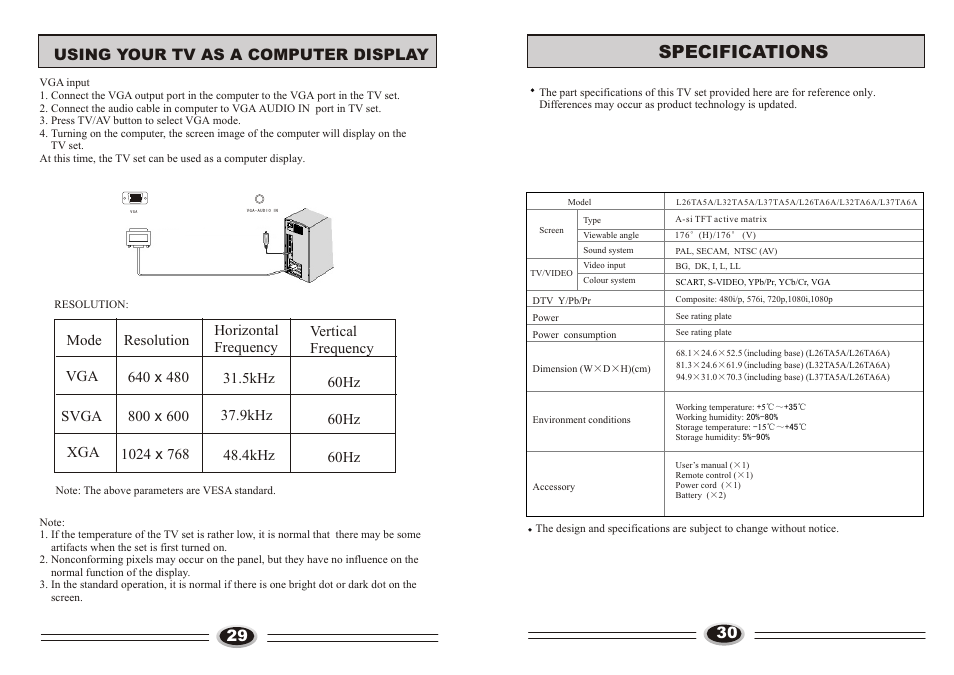页面 16, Specifications, 29 using your tv as a computer display | haier L26TA6A User Manual | Page 16 / 17