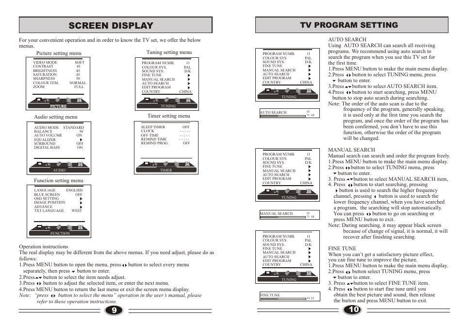 页面 6, Screen display, Tv program setting | haier L26TA6A User Manual | Page 6 / 17