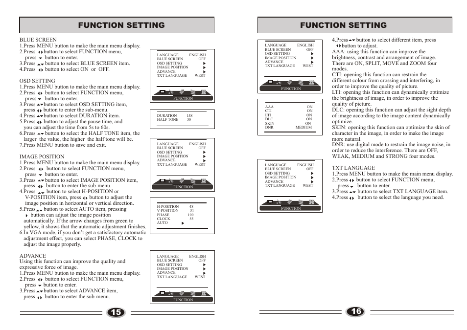 15 function setting, 16 function setting | haier L26TA6A User Manual | Page 9 / 17