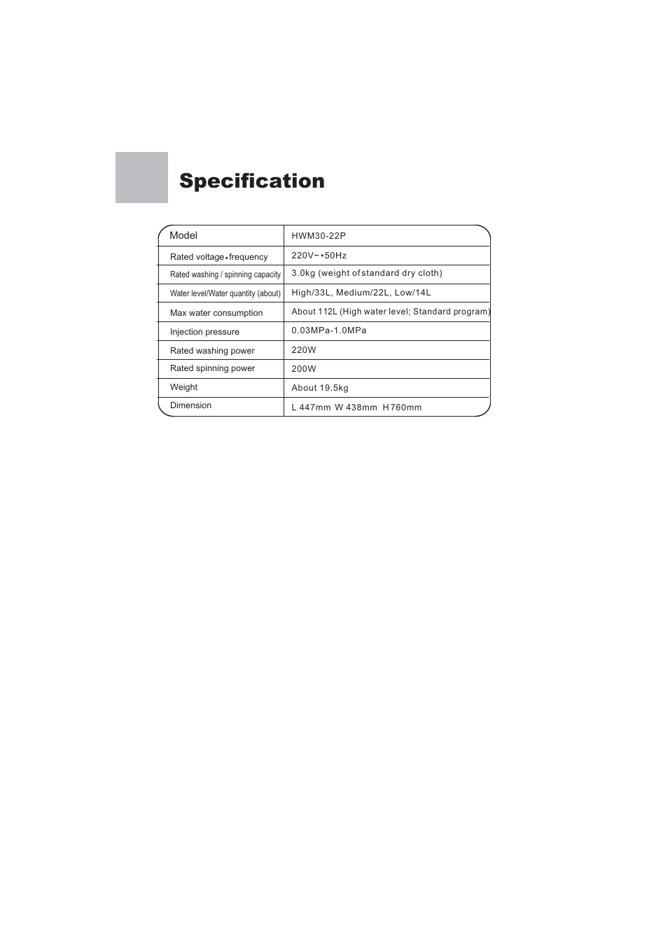 Specification | haier HWM30-22P User Manual | Page 16 / 16