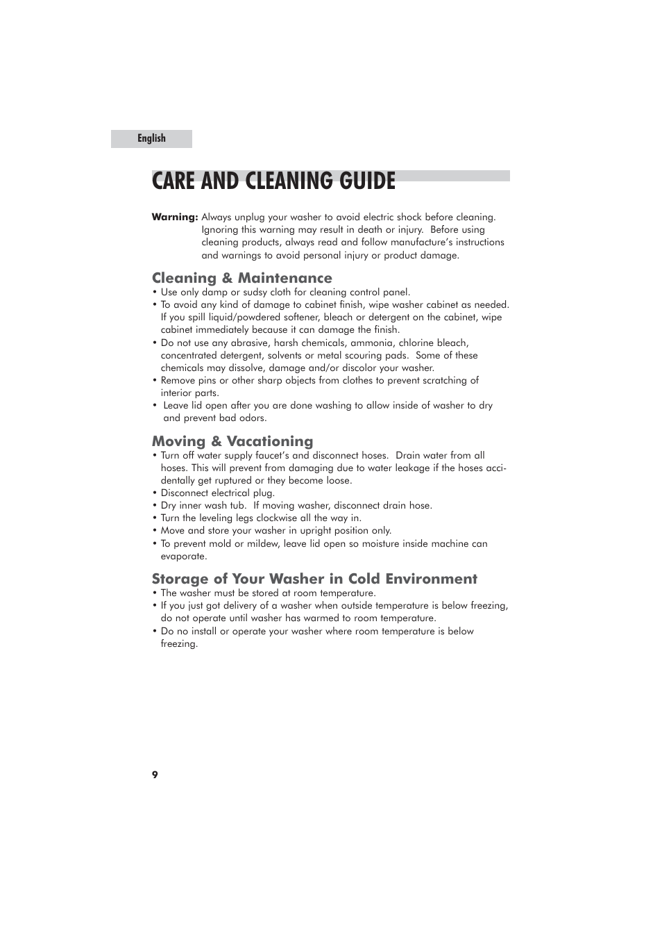 Care and cleaning guide, Cleaning & maintenance, Moving & vacationing | Storage of your washer in cold environment | haier GWT700AW User Manual | Page 10 / 52