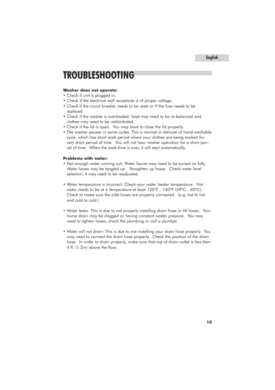 Troubleshooting | haier GWT700AW User Manual | Page 11 / 52