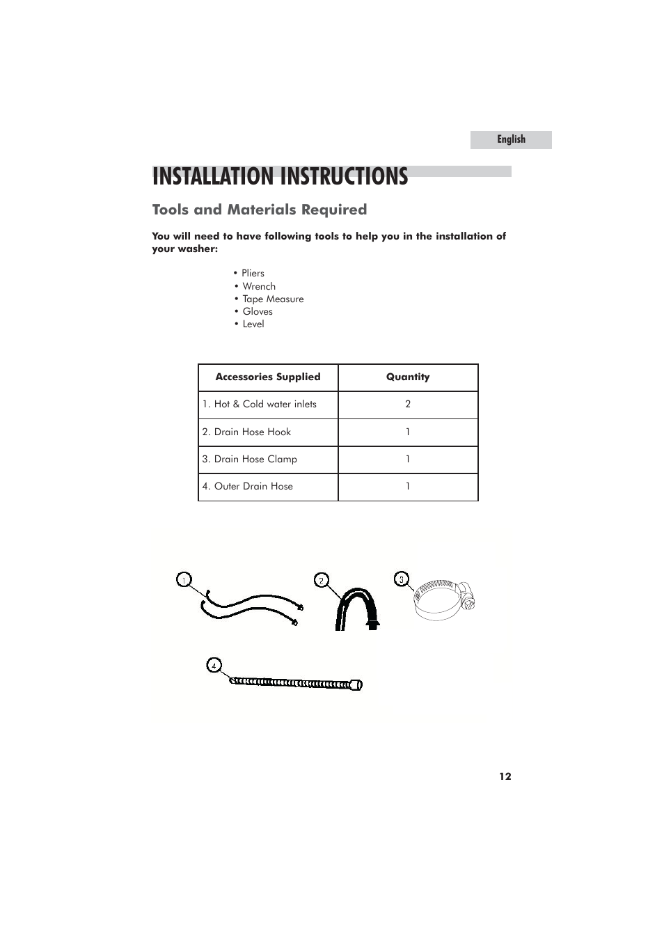 Installation instructions, Tools and materials required | haier GWT700AW User Manual | Page 13 / 52