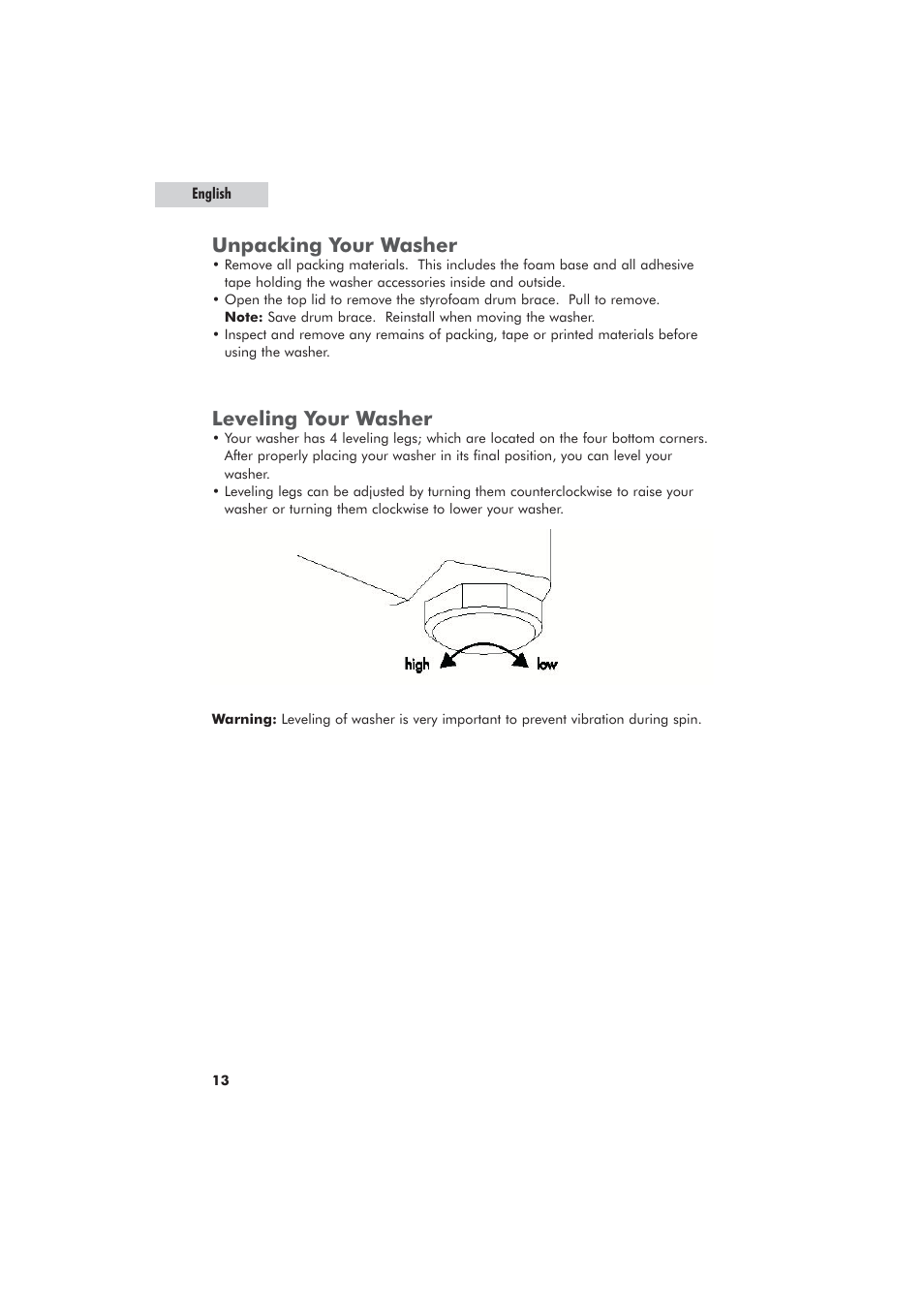 Unpacking your washer, Leveling your washer | haier GWT700AW User Manual | Page 14 / 52