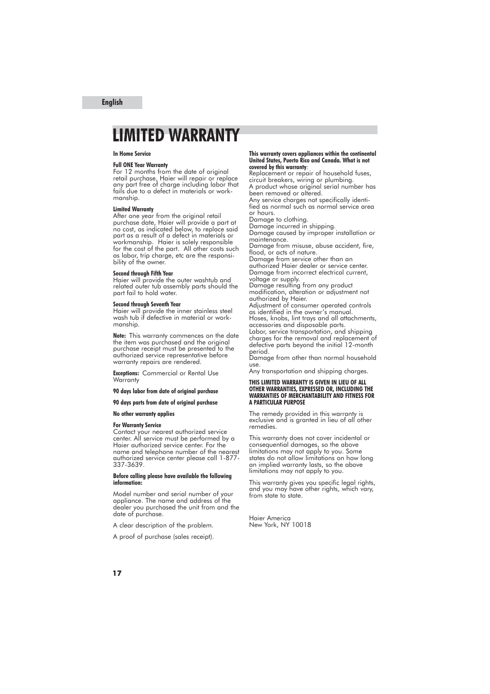 Limited warranty, English | haier GWT700AW User Manual | Page 18 / 52