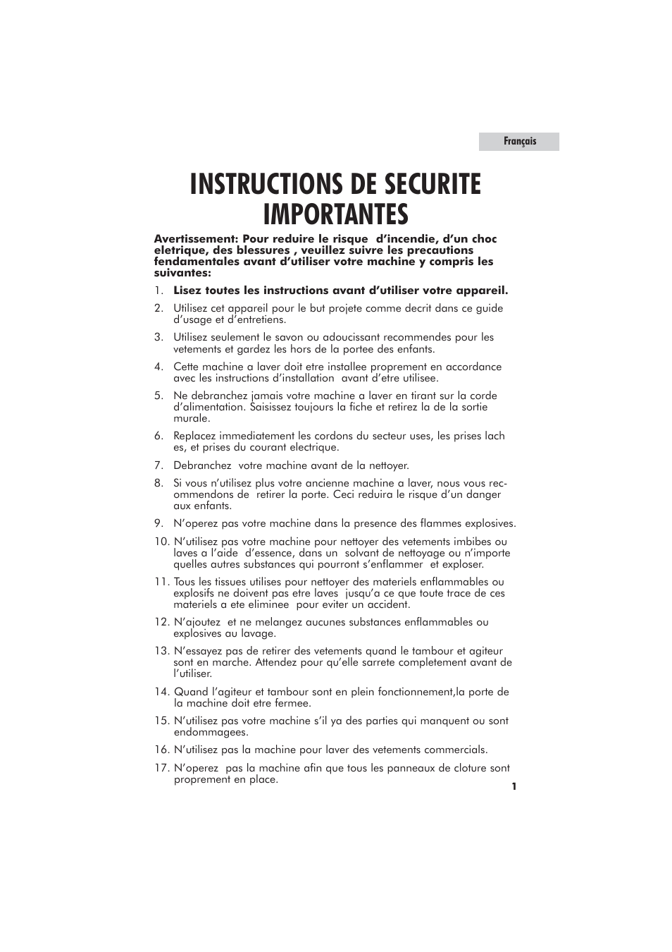 Instructions de securite importantes | haier GWT700AW User Manual | Page 19 / 52