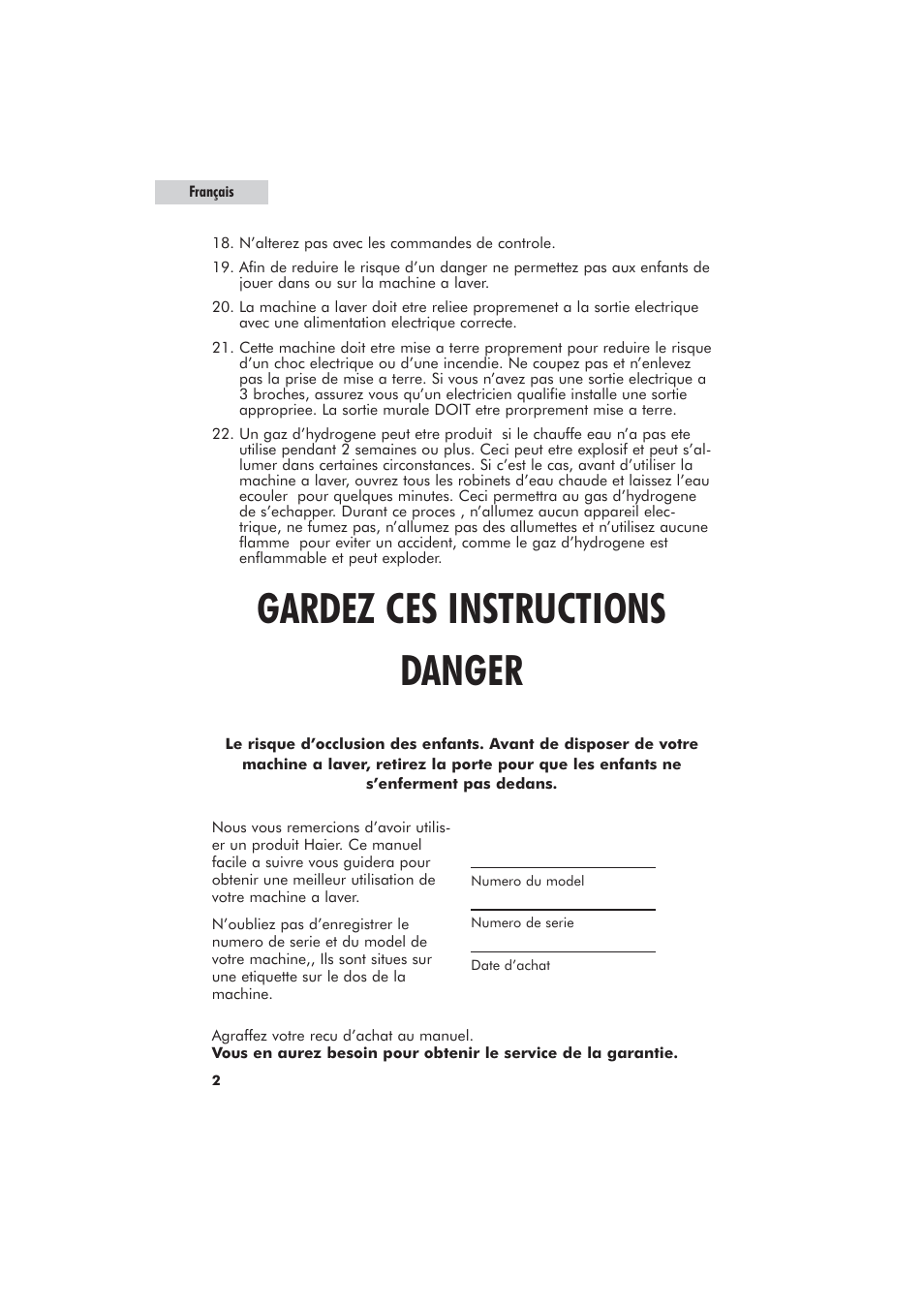 Gardez ces instructions danger | haier GWT700AW User Manual | Page 20 / 52