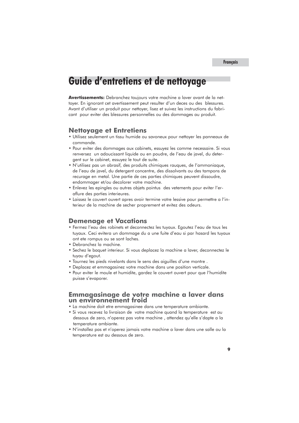 Guide d’entretiens et de nettoyage, Nettoyage et entretiens, Demenage et vacations | haier GWT700AW User Manual | Page 27 / 52