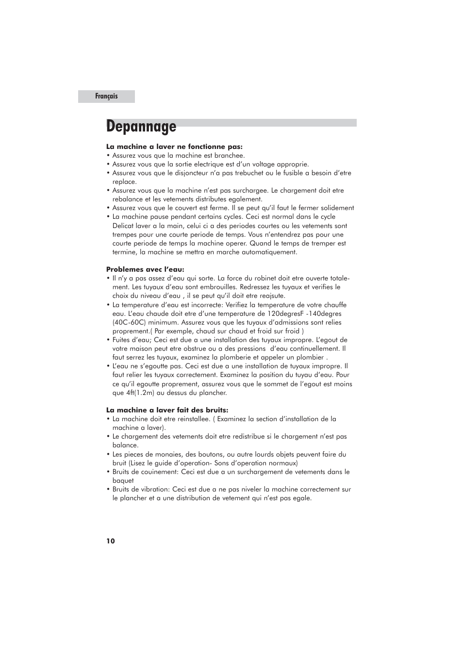 Depannage | haier GWT700AW User Manual | Page 28 / 52