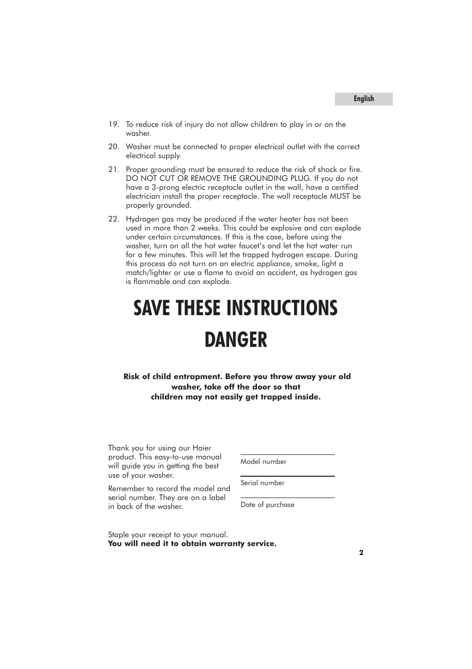 Save these instructions danger | haier GWT700AW User Manual | Page 3 / 52