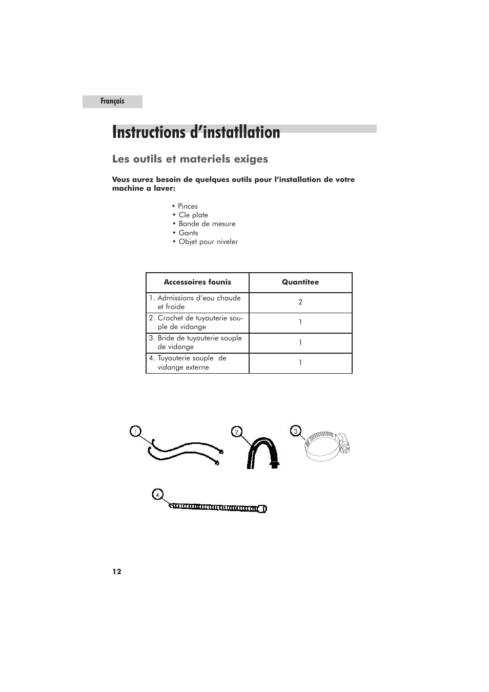 Instructions d’instatllation, Les outils et materiels exiges | haier GWT700AW User Manual | Page 30 / 52