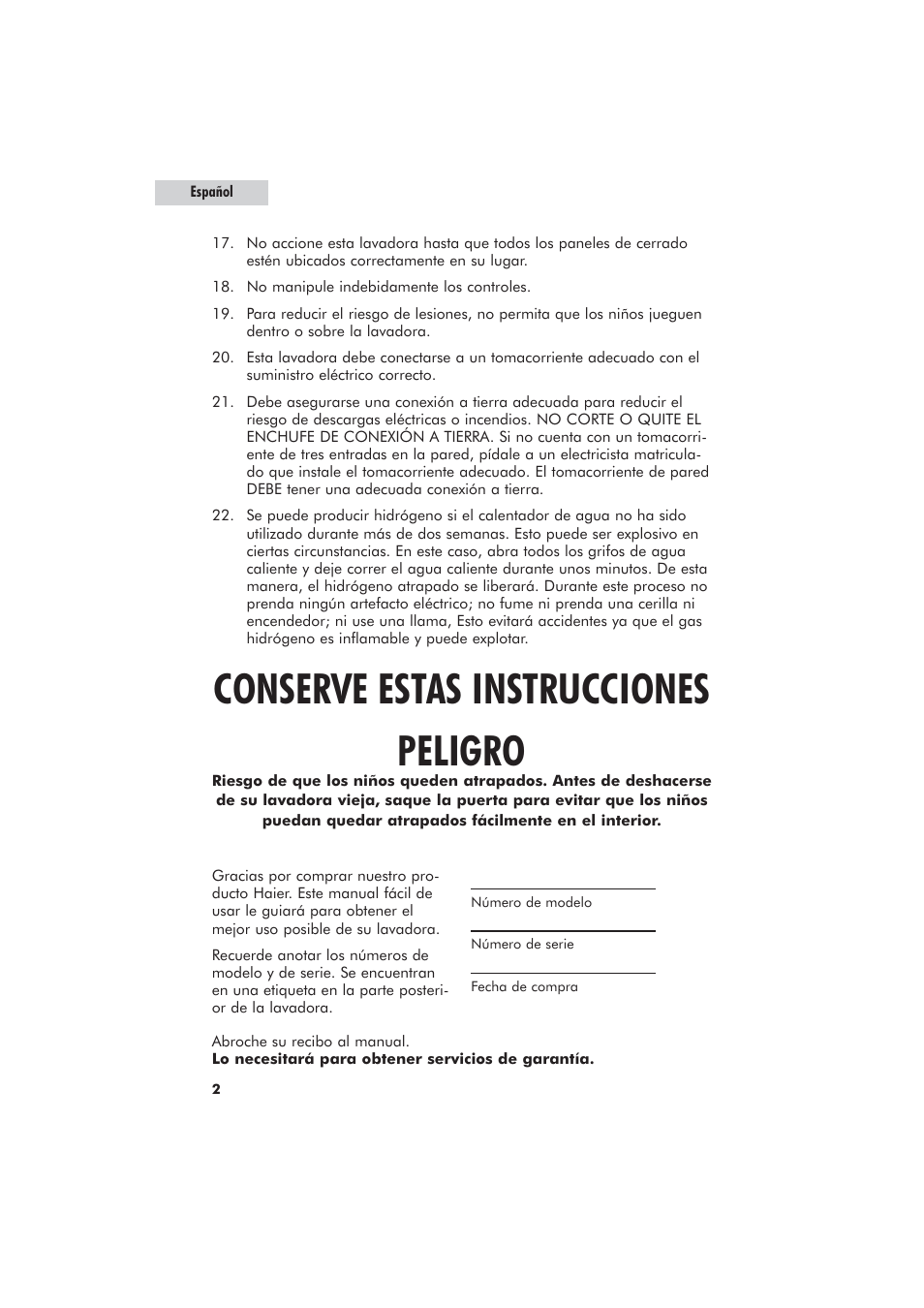 Conserve estas instrucciones peligro | haier GWT700AW User Manual | Page 36 / 52