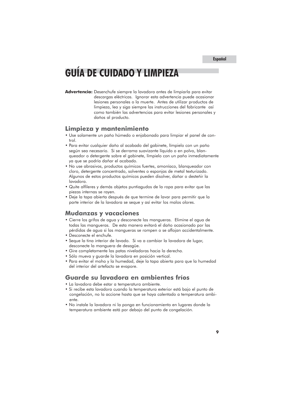 Guía de cuidado y limpieza, Limpieza y mantenimiento, Mudanzas y vacaciones | Guarde su lavadora en ambientes fríos | haier GWT700AW User Manual | Page 43 / 52