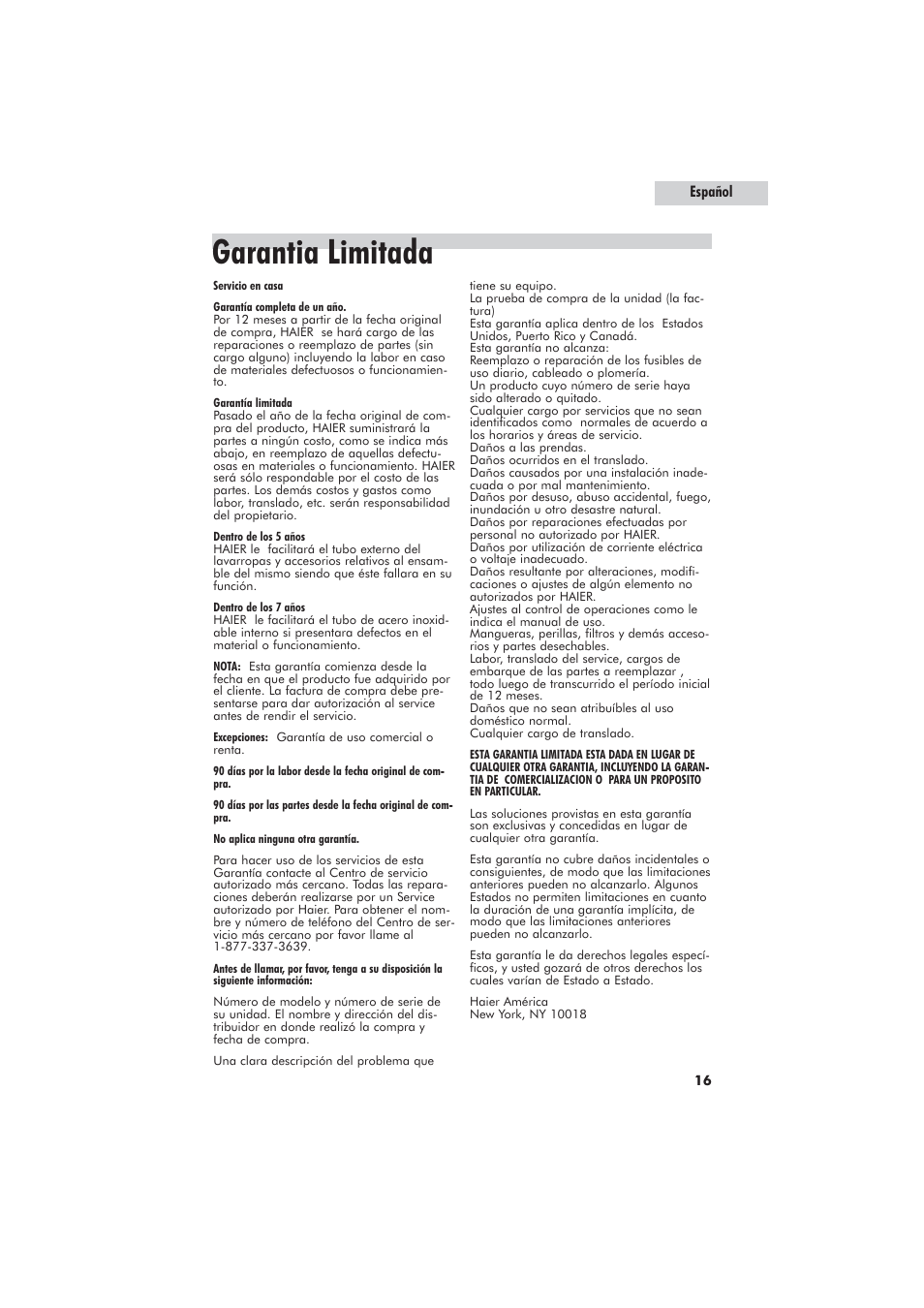 Garantia limitada, Español | haier GWT700AW User Manual | Page 51 / 52