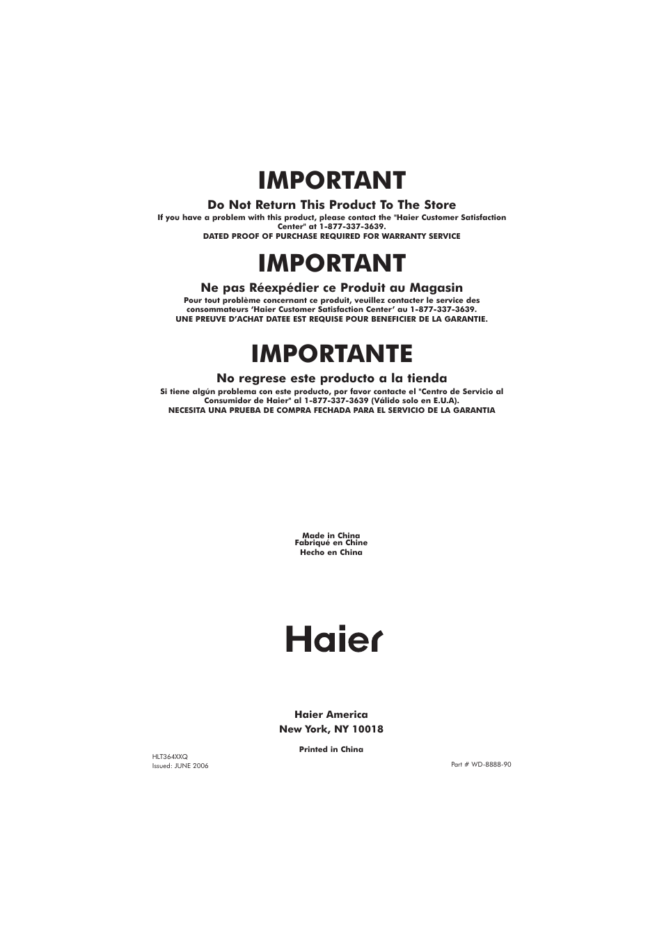 Important, Importante | haier GWT700AW User Manual | Page 52 / 52