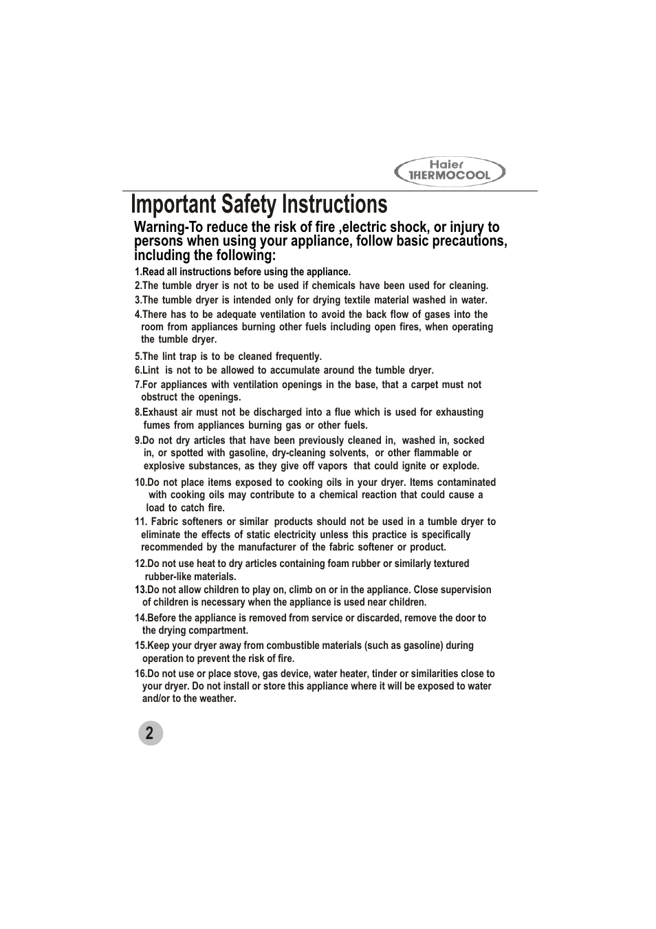 Important safety instructions | haier GDZ5.0-1 User Manual | Page 4 / 16