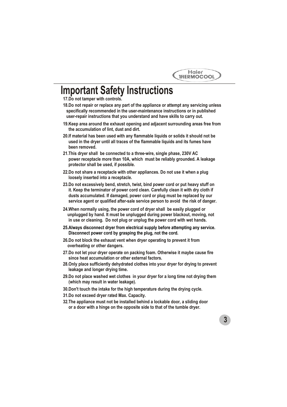 Important safety instructions | haier GDZ5.0-1 User Manual | Page 5 / 16