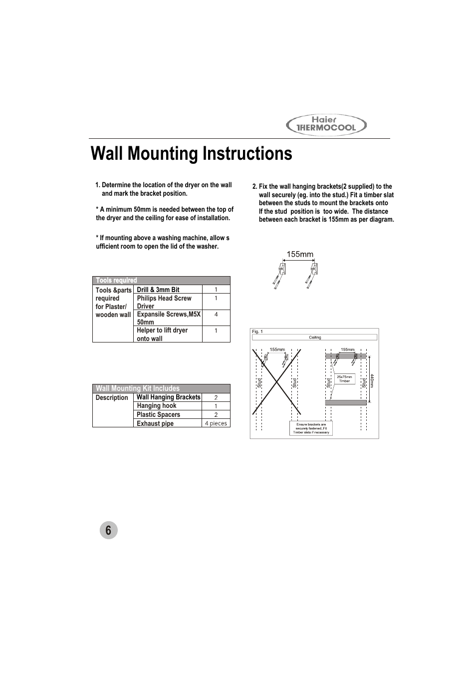 Wall mounting instructions | haier GDZ5.0-1 User Manual | Page 8 / 16