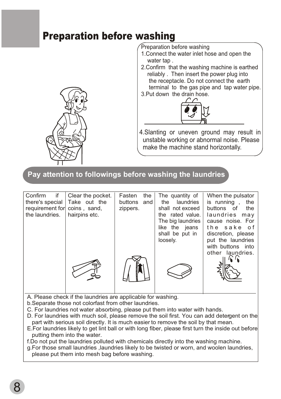 Preparation before washing | haier HWM60-20B User Manual | Page 10 / 18