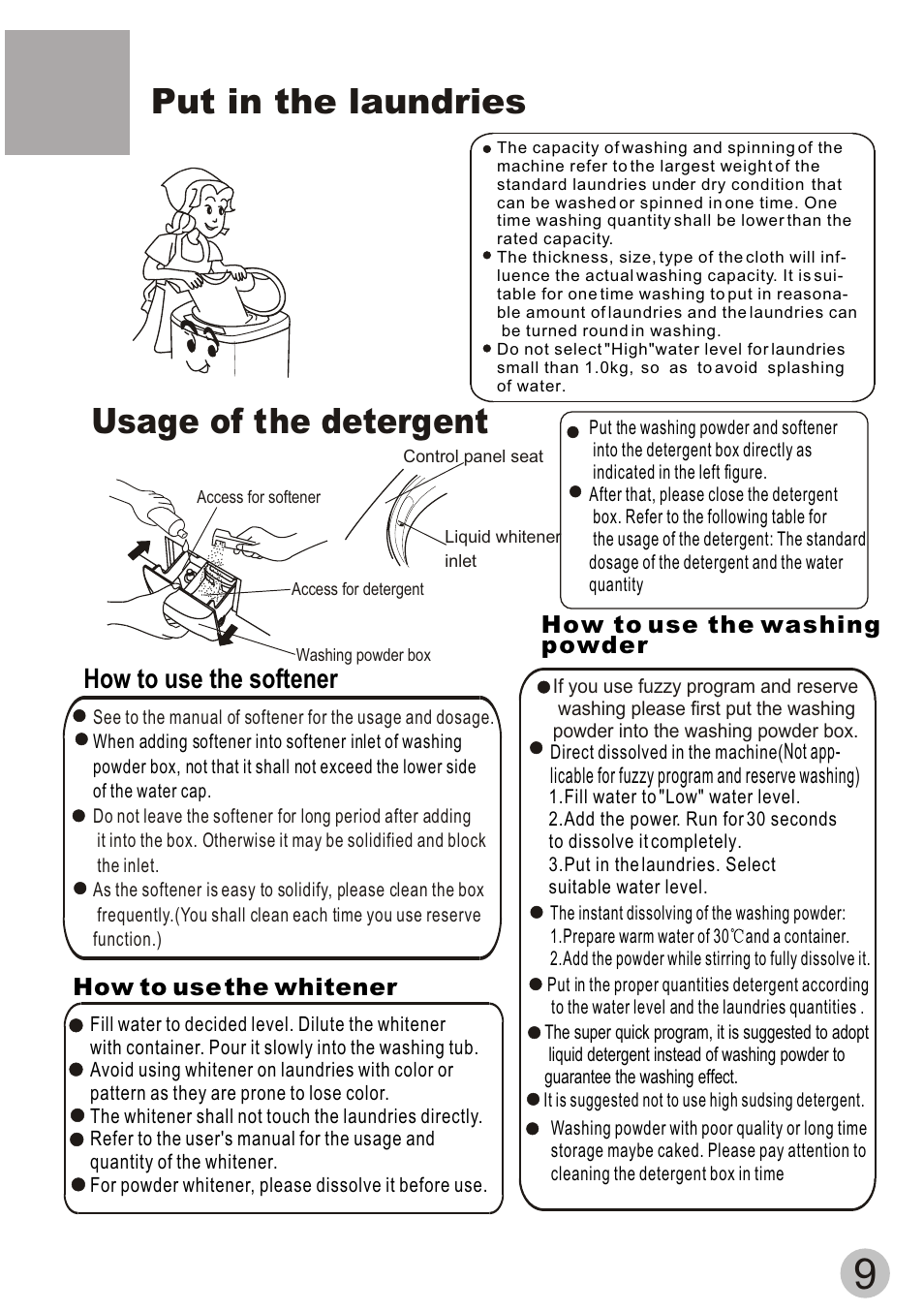 Put in the laundries usage of the detergent, How to use the softener | haier HWM60-20B User Manual | Page 11 / 18