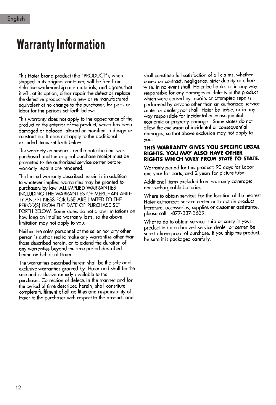 Т³гж 13, Warranty information | haier HTAR21 User Manual | Page 13 / 41