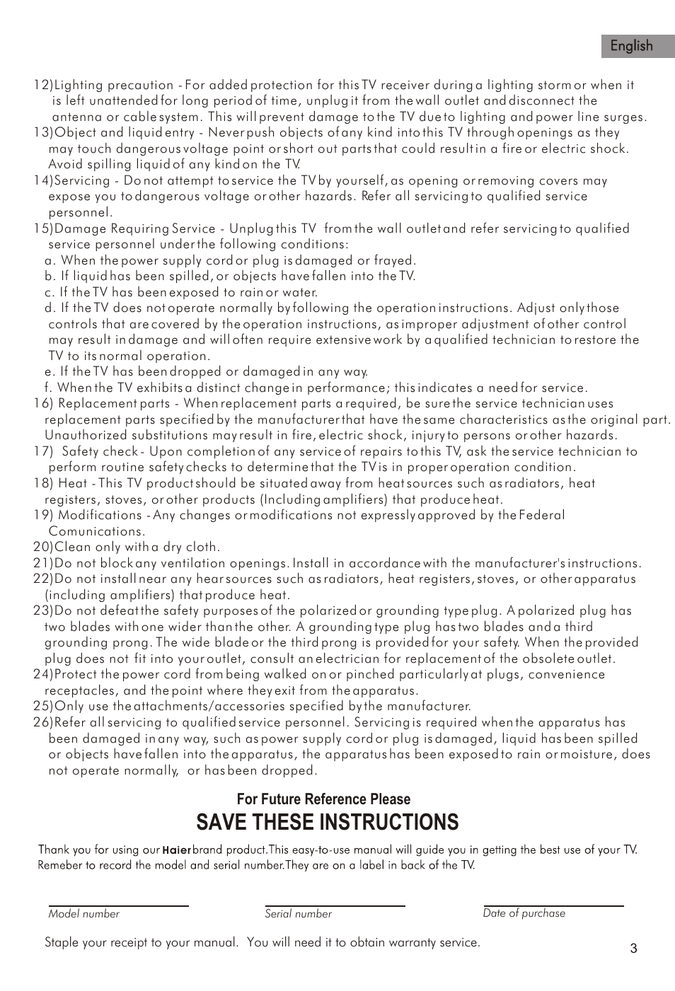Т³гж 4, Save these instructions | haier HTAR21 User Manual | Page 4 / 41