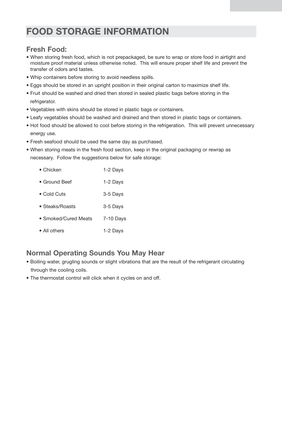 Food storage information, Fresh food, Normal operating sounds you may hear | English 10 | haier AES44 User Manual | Page 11 / 15