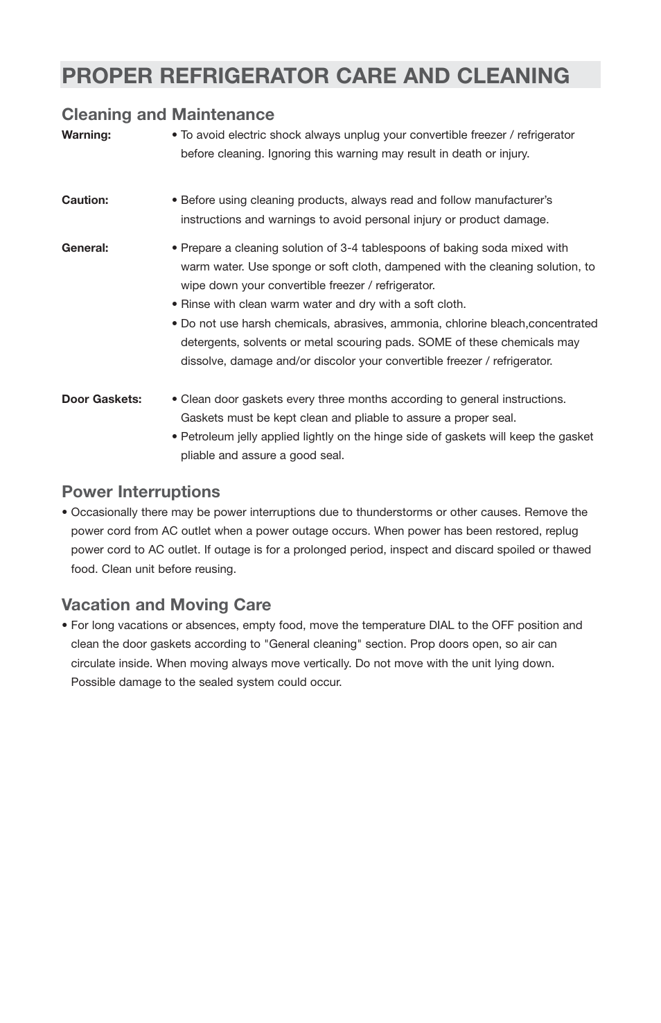 Proper refrigerator care and cleaning, Cleaning and maintenance, Power interruptions | Vacation and moving care | haier AES44 User Manual | Page 12 / 15